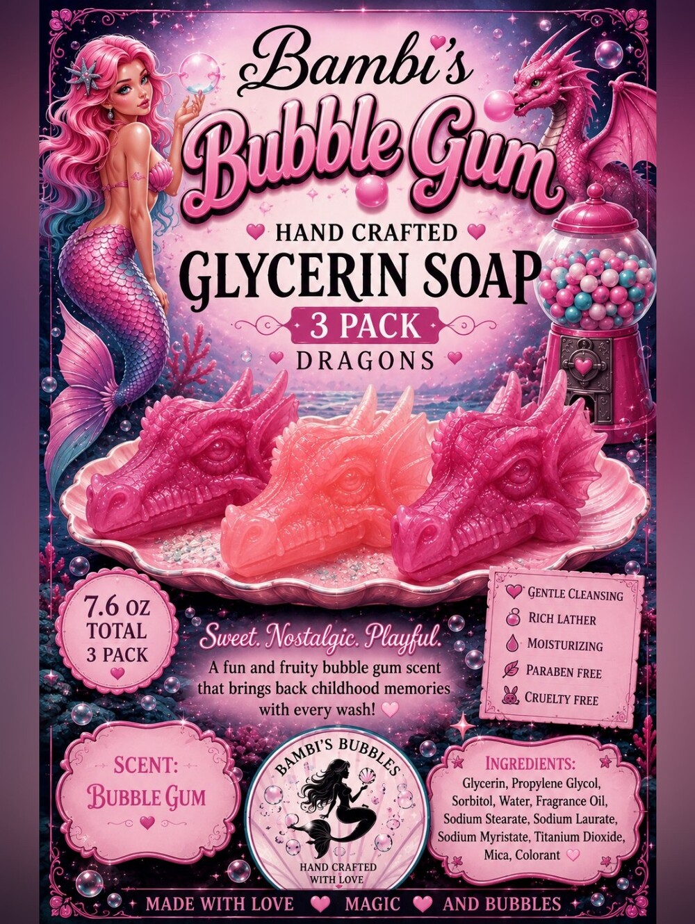 New! Hand Crafted Bambis Bubble Gum Hand-Crafted Glycerin Soap Pink Dragon 3Pack